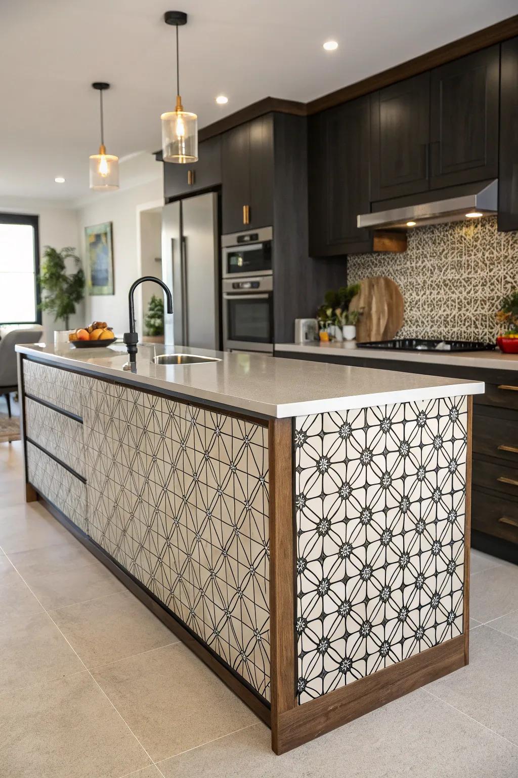 Geometric patterns add a modern twist, infusing this kitchen island with dynamic energy.