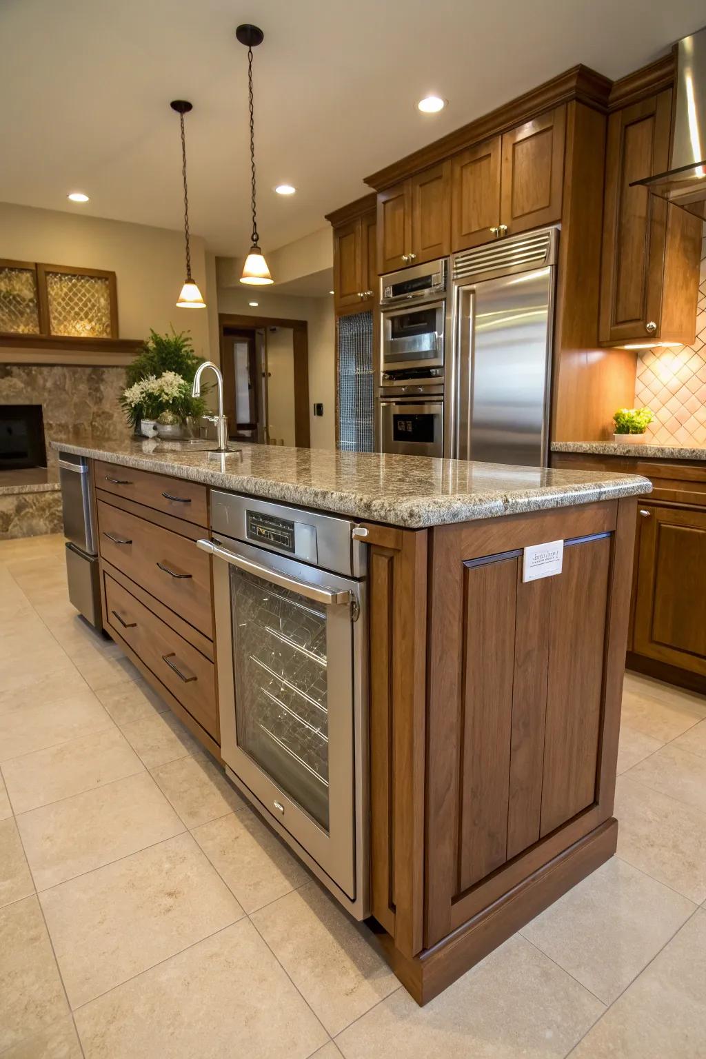 Integrated appliances offer a seamless and functional kitchen island design.