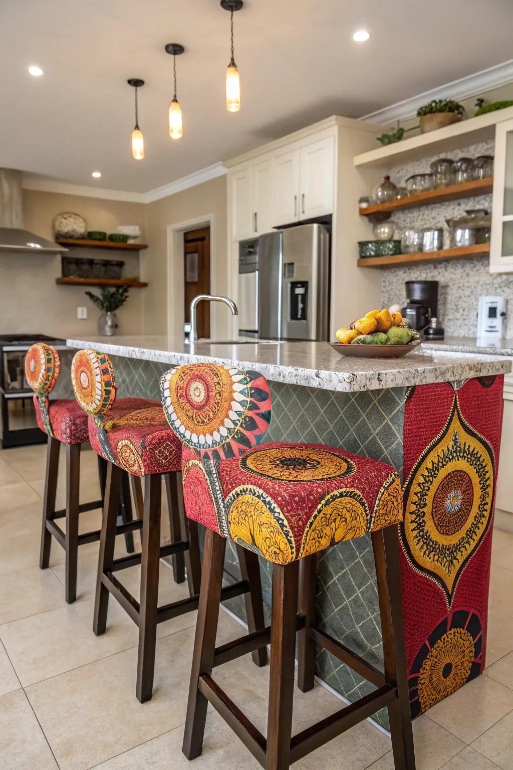 Bold patterns bring playfulness to your kitchen island seating.