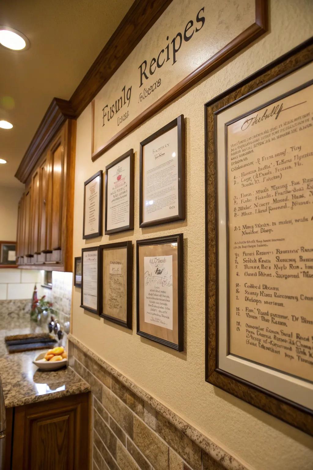 A kitchen wall adorned with framed family recipes, celebrating heritage.