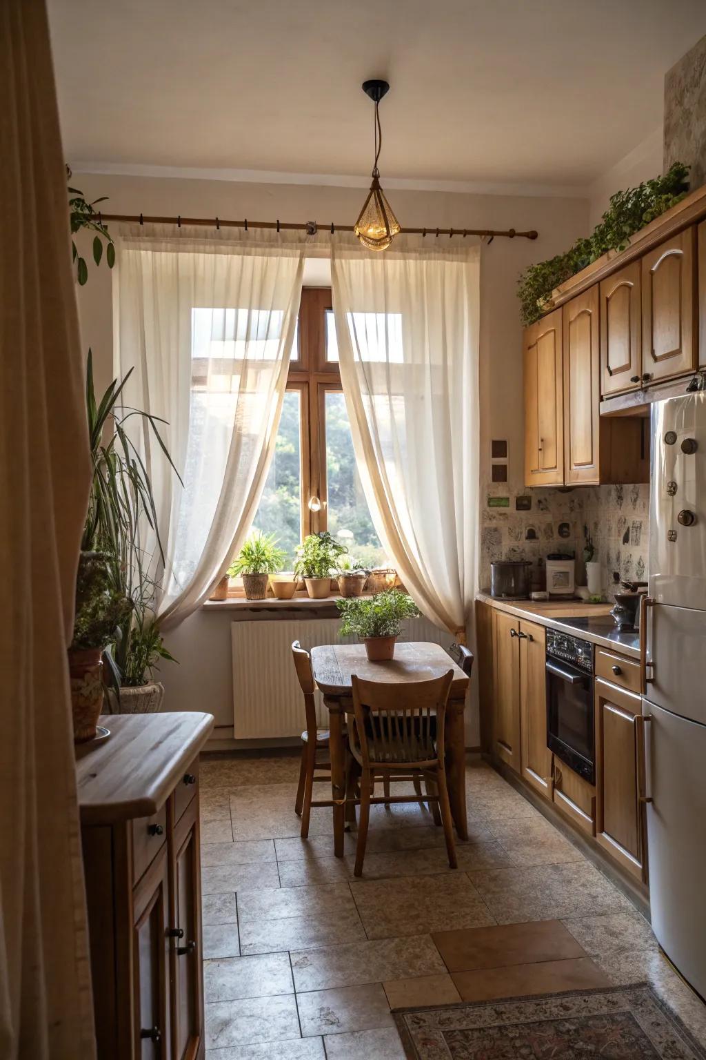 Floor-length curtains bring drama and style to any kitchen.