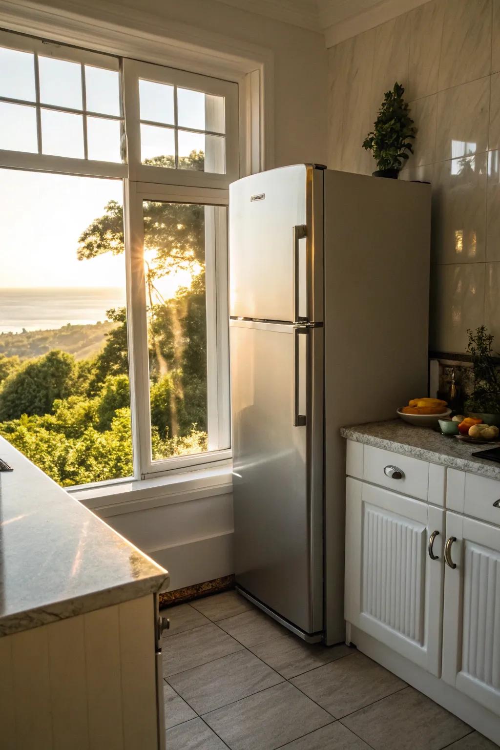 A fridge positioned near a window, bringing natural light and a refreshing feel to the kitchen.