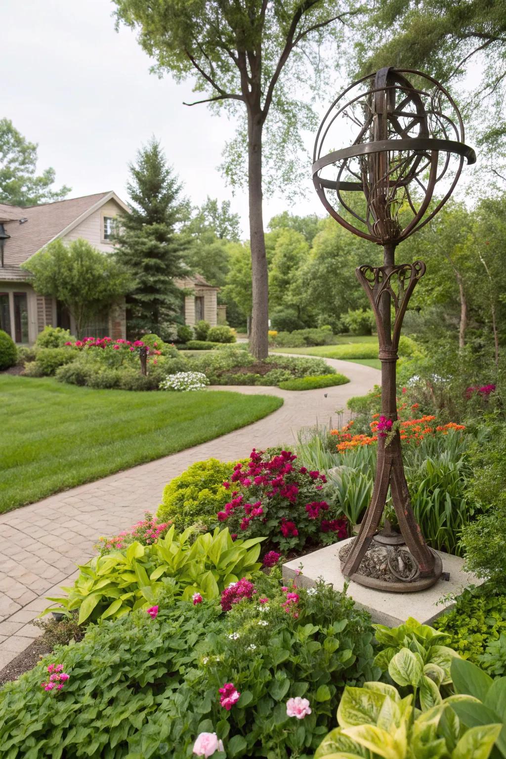 A garden sculpture adds a personal and artistic touch to the landscape.