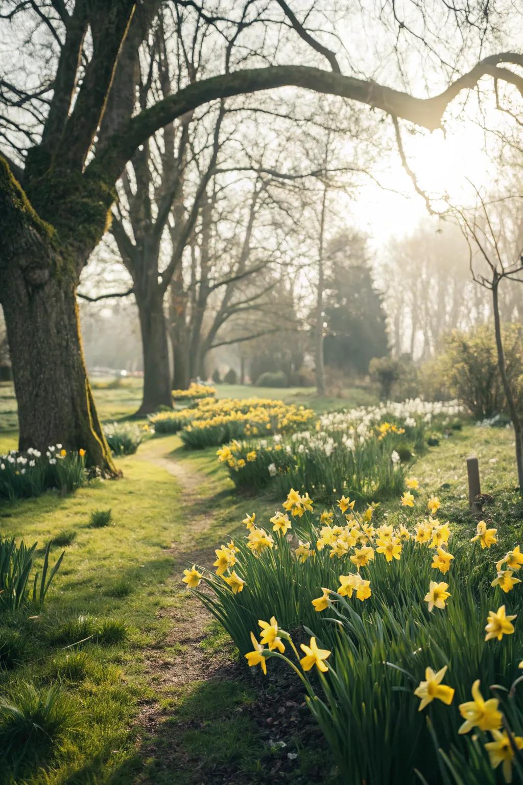 Bright daffodils lighting up a shaded corner of the garden.