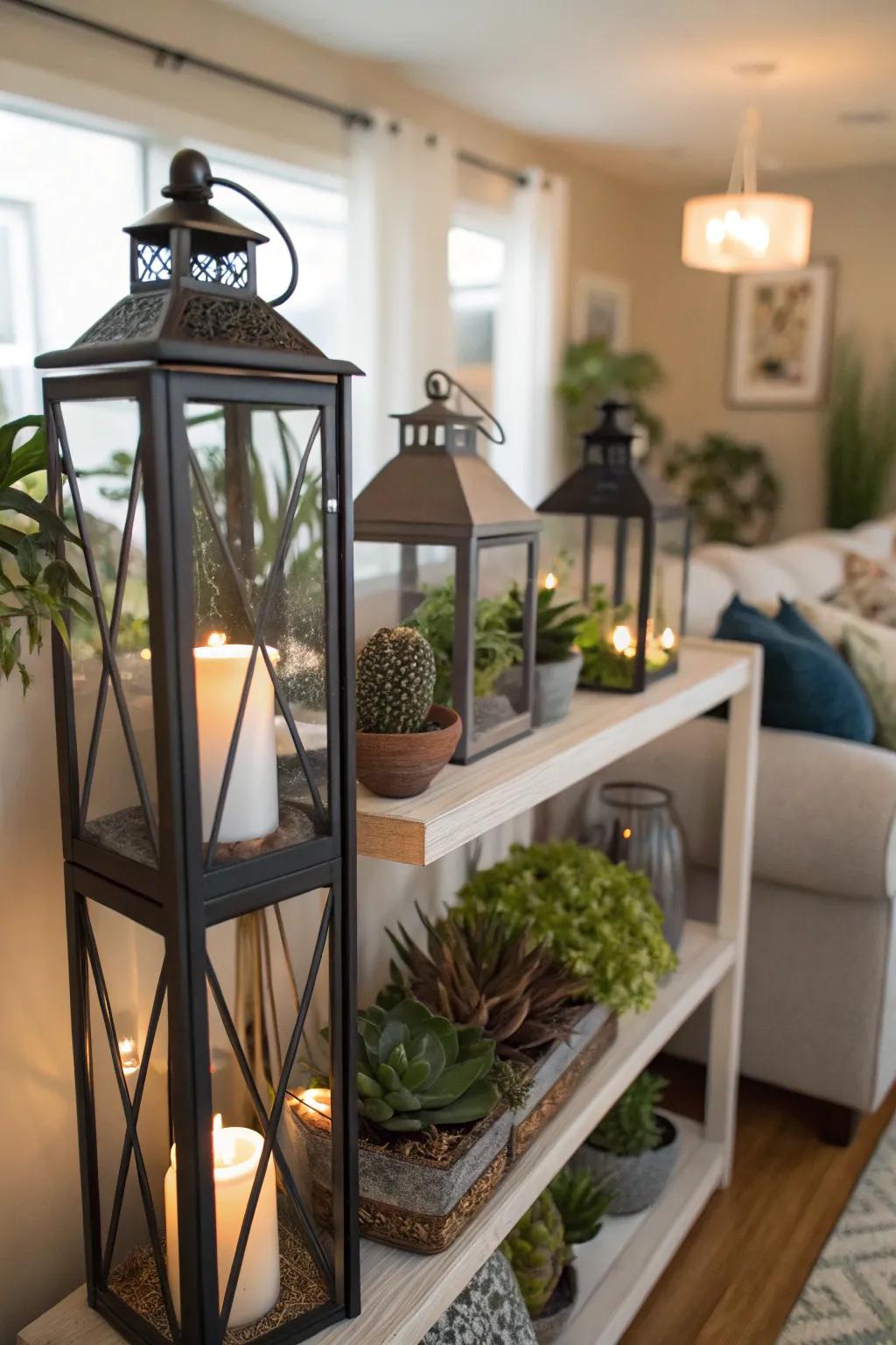 Lanterns with plants add a surprising touch of greenery.