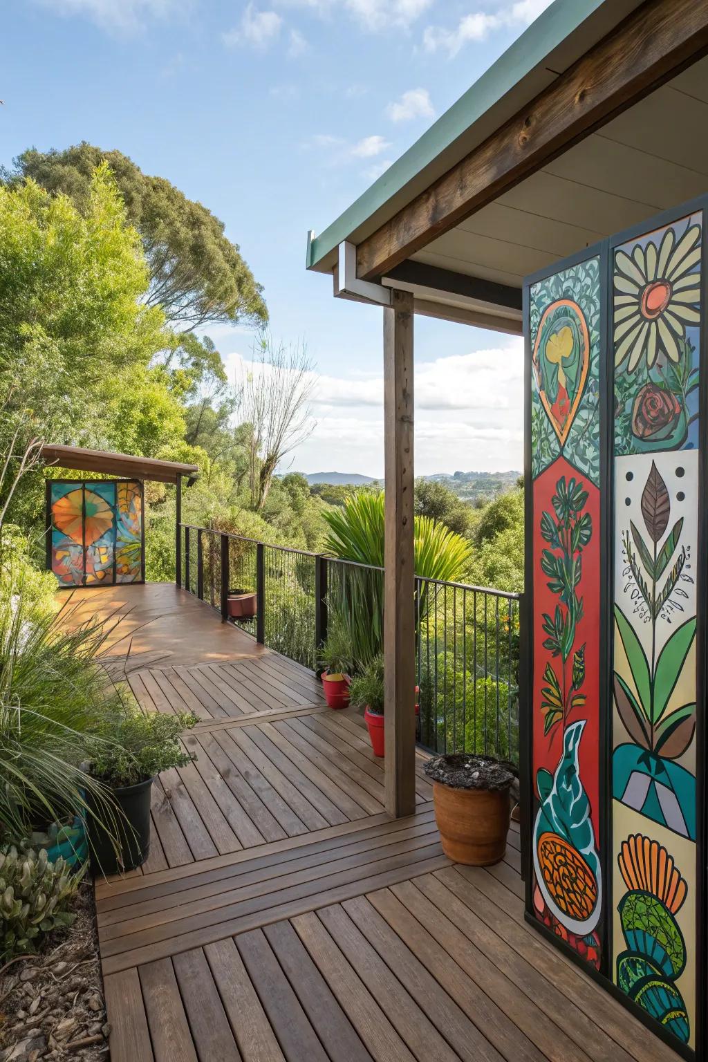 Custom artistic panels transform this deck into a vibrant work of art.