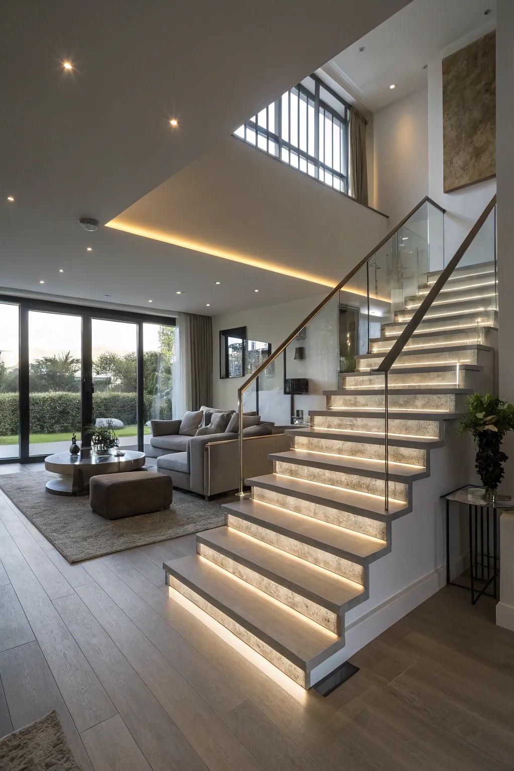 Stylish and safe integrated LED stair lighting.