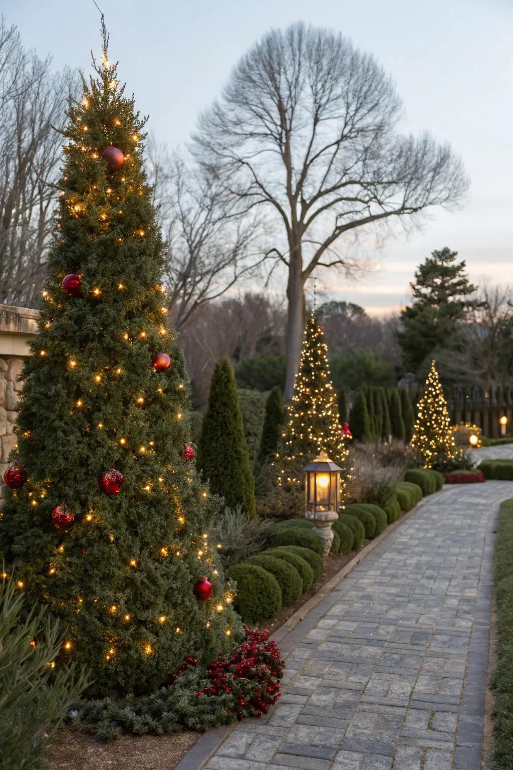 Add festive charm to your garden with decorated Leyland cypress.