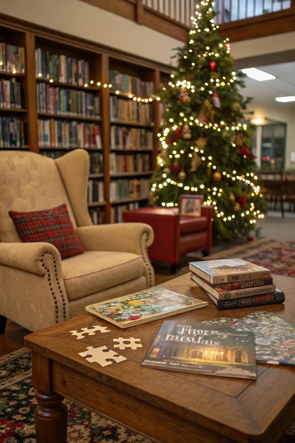Promote relaxation and community with a holiday puzzle corner.