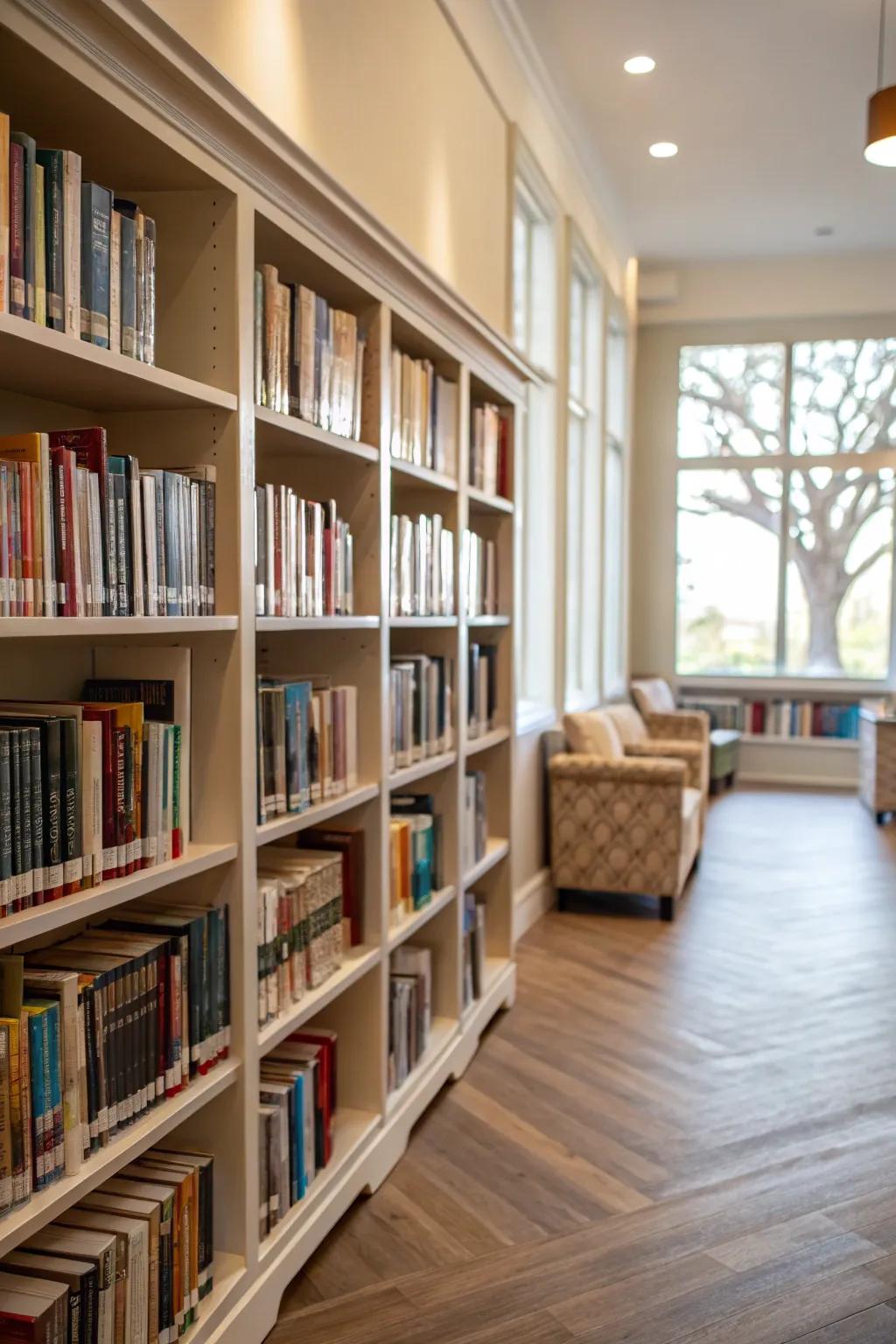 Custom built-in shelving offering a seamless and organized library aesthetic.