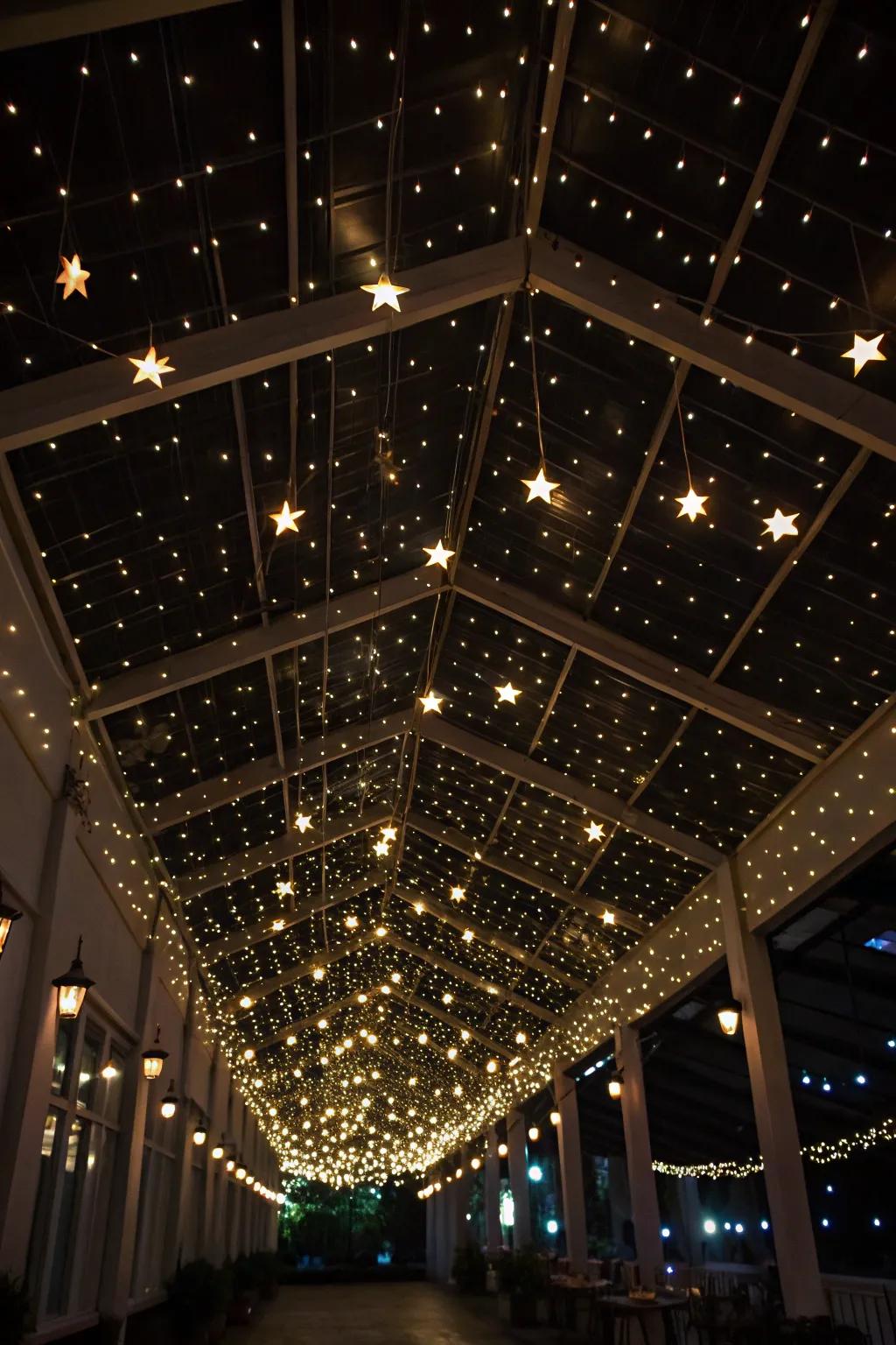 A magical ceiling transformed into a starry night.