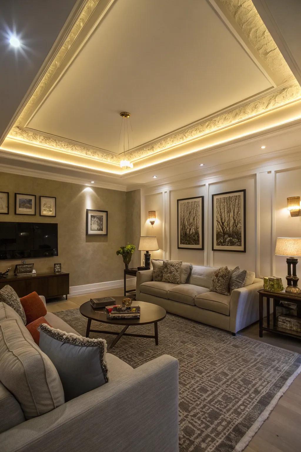 Layered lighting effect with illuminated crown molding.