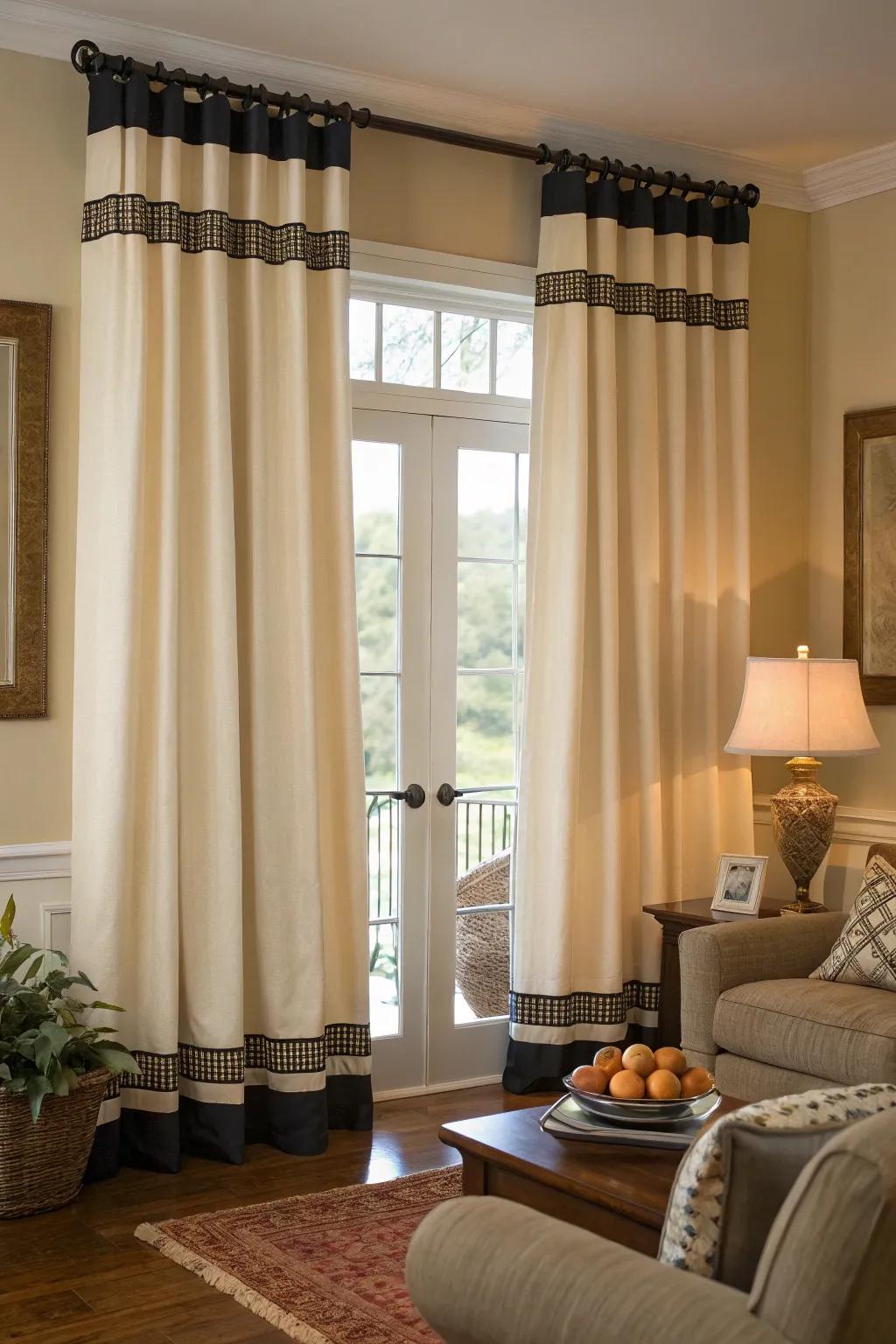 Contrasting borders on curtains can elegantly frame your living room windows.