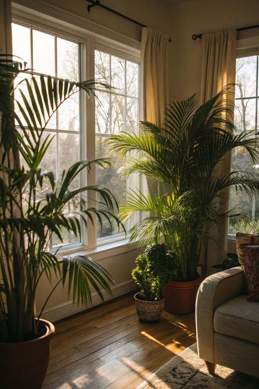 Potted palms frame the view, enhancing the connection with nature.