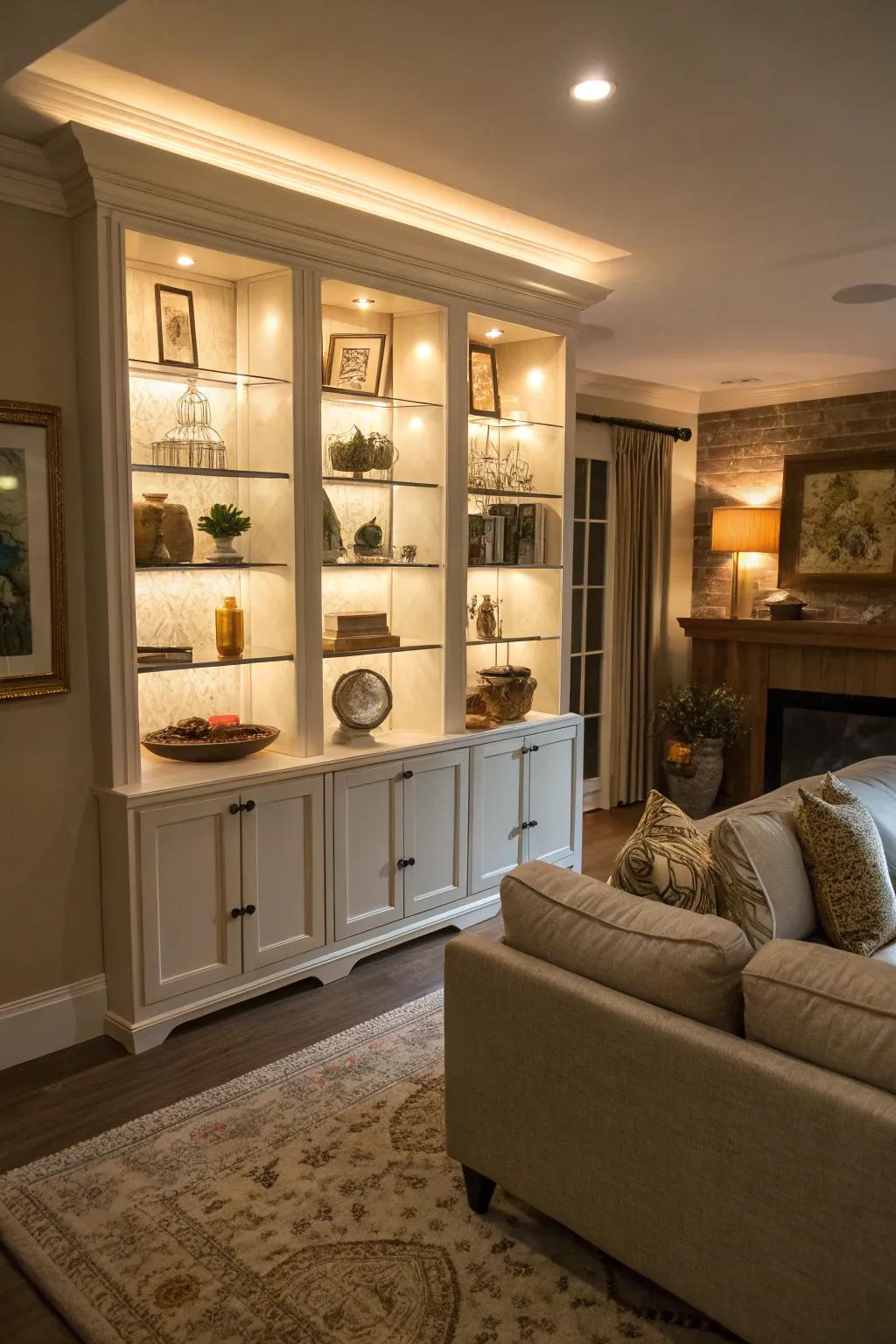 Under-cabinet lighting provides subtle illumination for display shelves.