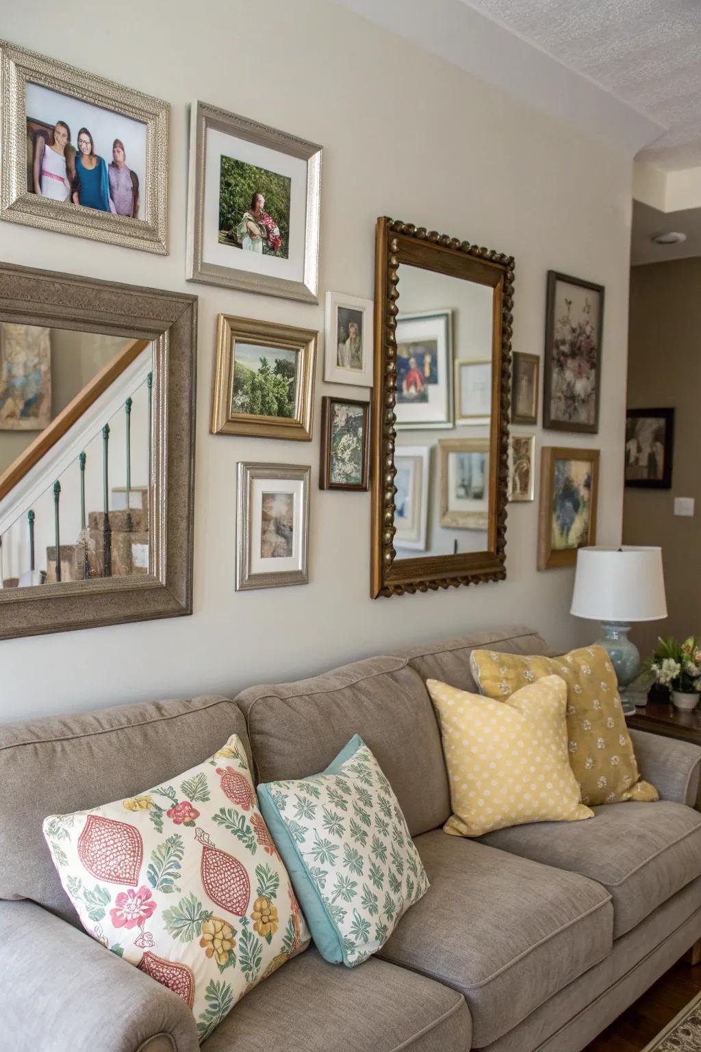 Mirrors add light and expand the visual space on your photo wall.