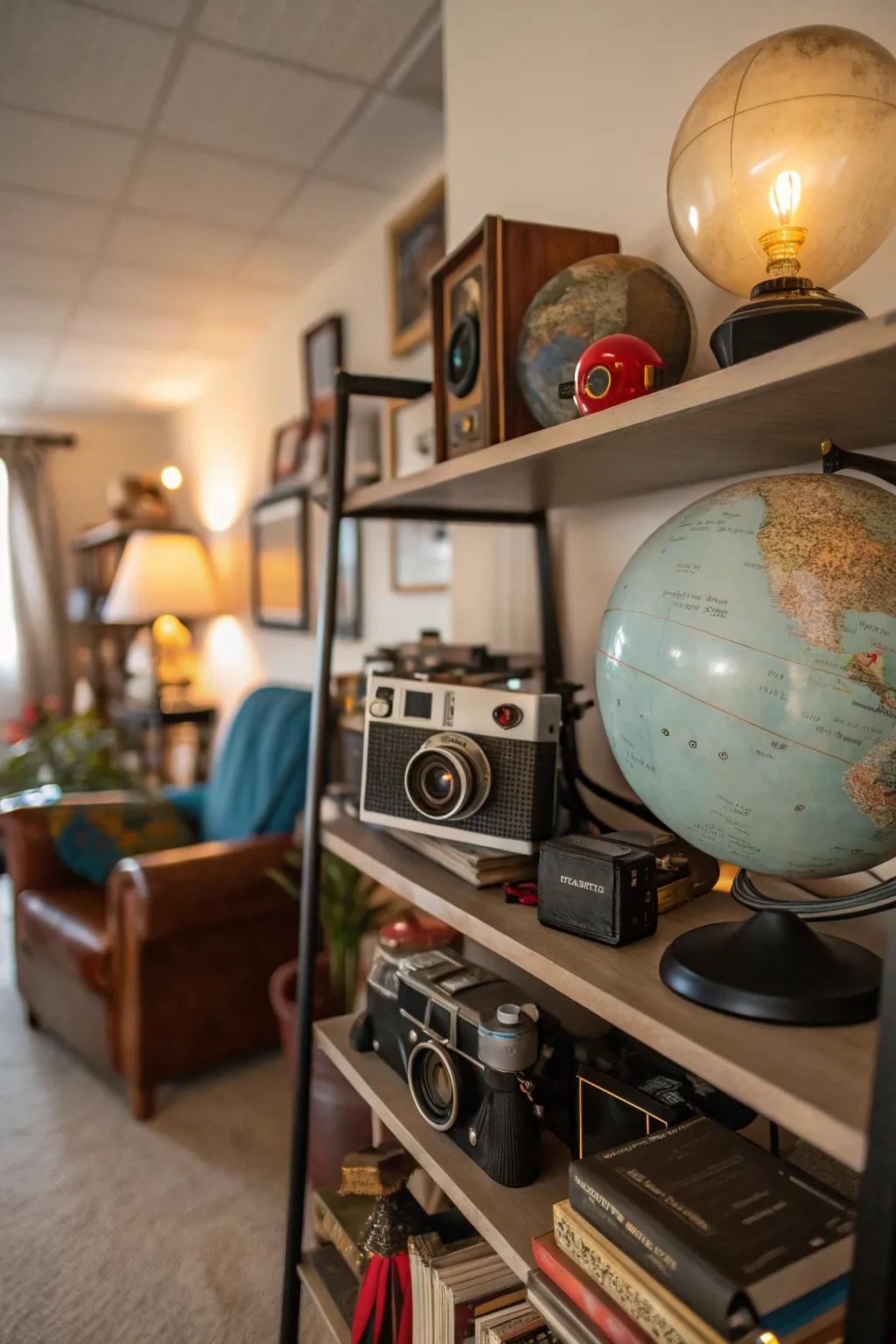 Unexpected objects adding intrigue to the shelves.