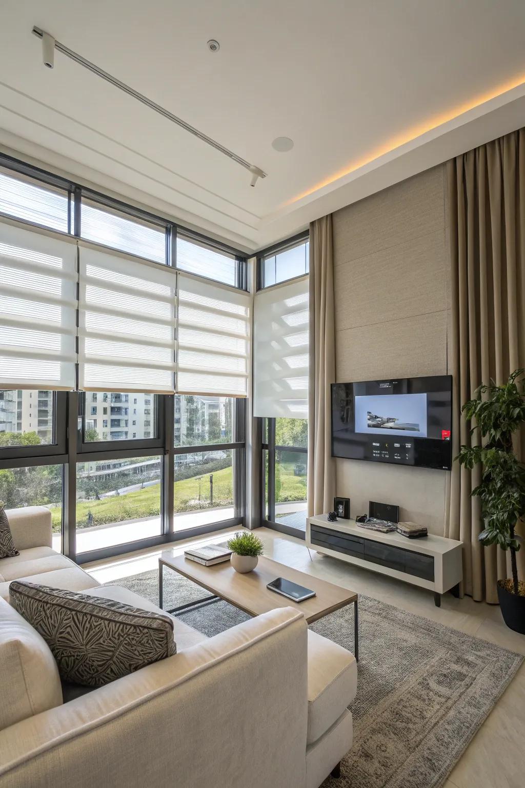 Smart blinds adding convenience and style to a modern living room.