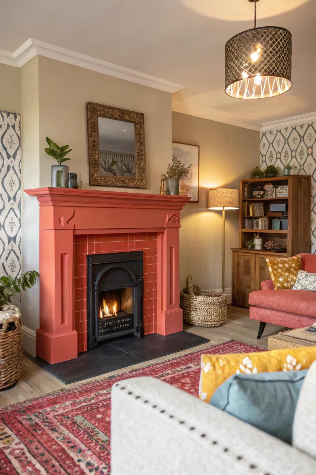 A living room where a boldly painted fireplace serves as a striking focal point.