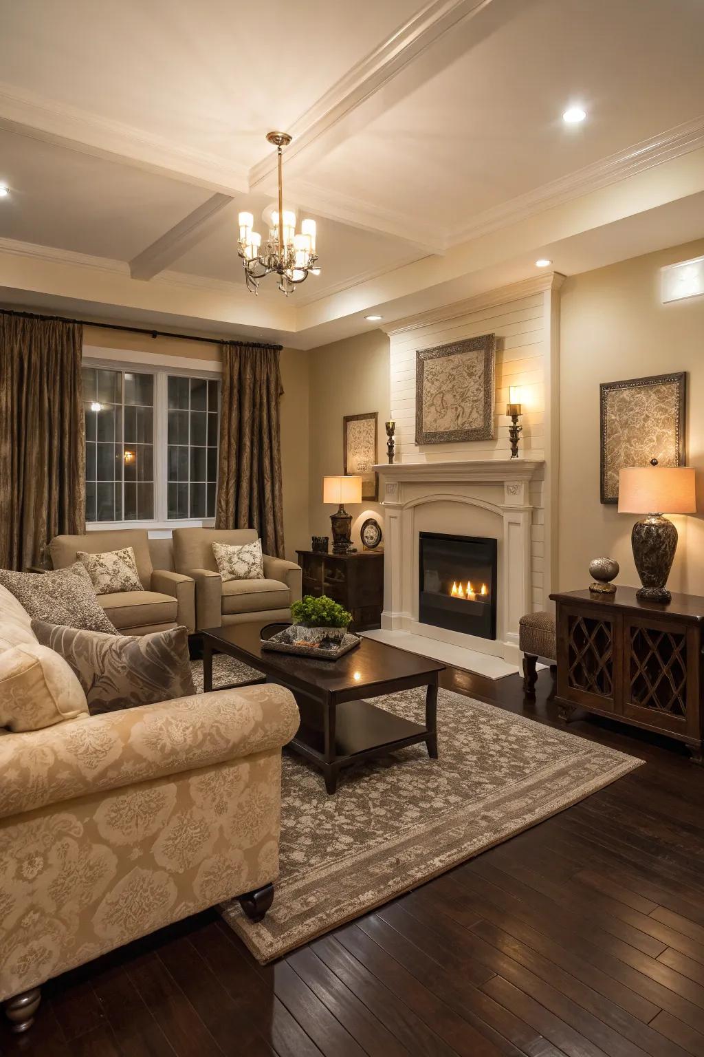 Warm neutrals create a cozy atmosphere with dark wood floors.