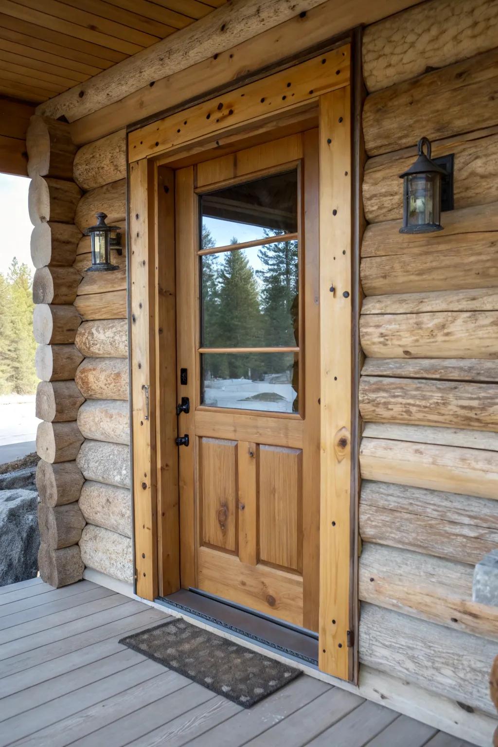 A log cabin door featuring a blend of wood and glass.