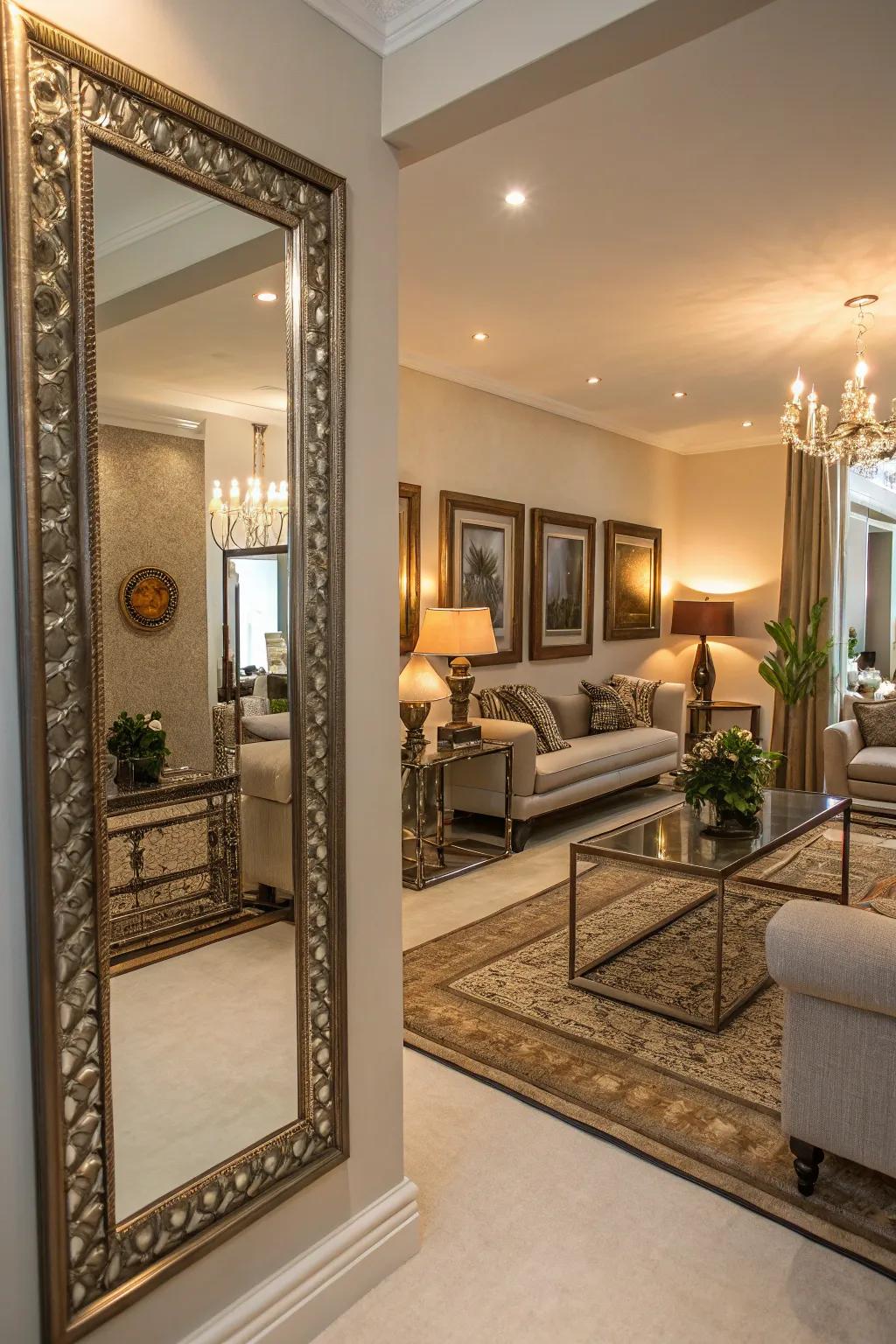 Metallic framed mirrors add luxury and depth to this living room.