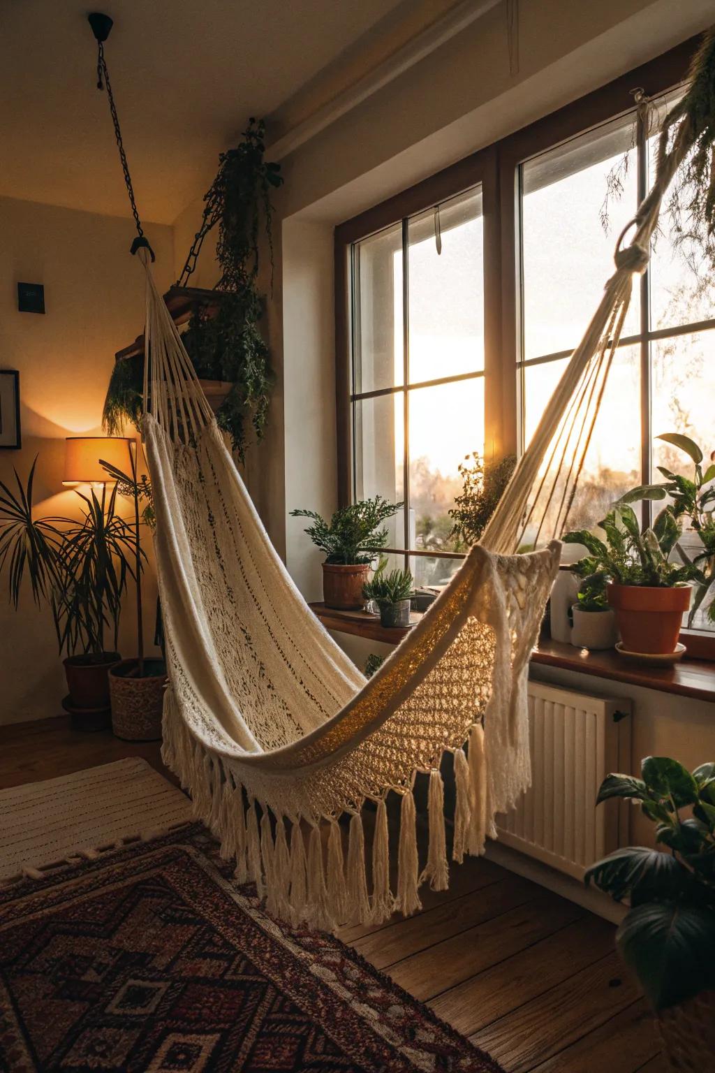 A macrame hammock providing a serene escape.