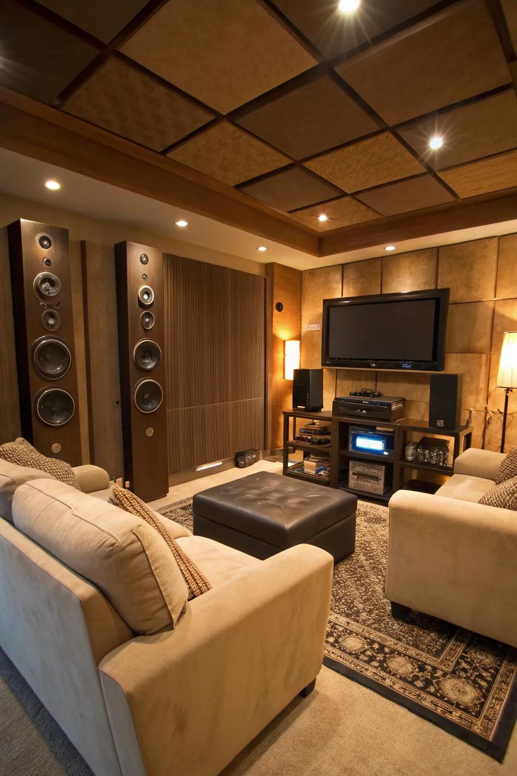 A high-quality sound system turns the den into an entertainment hub.