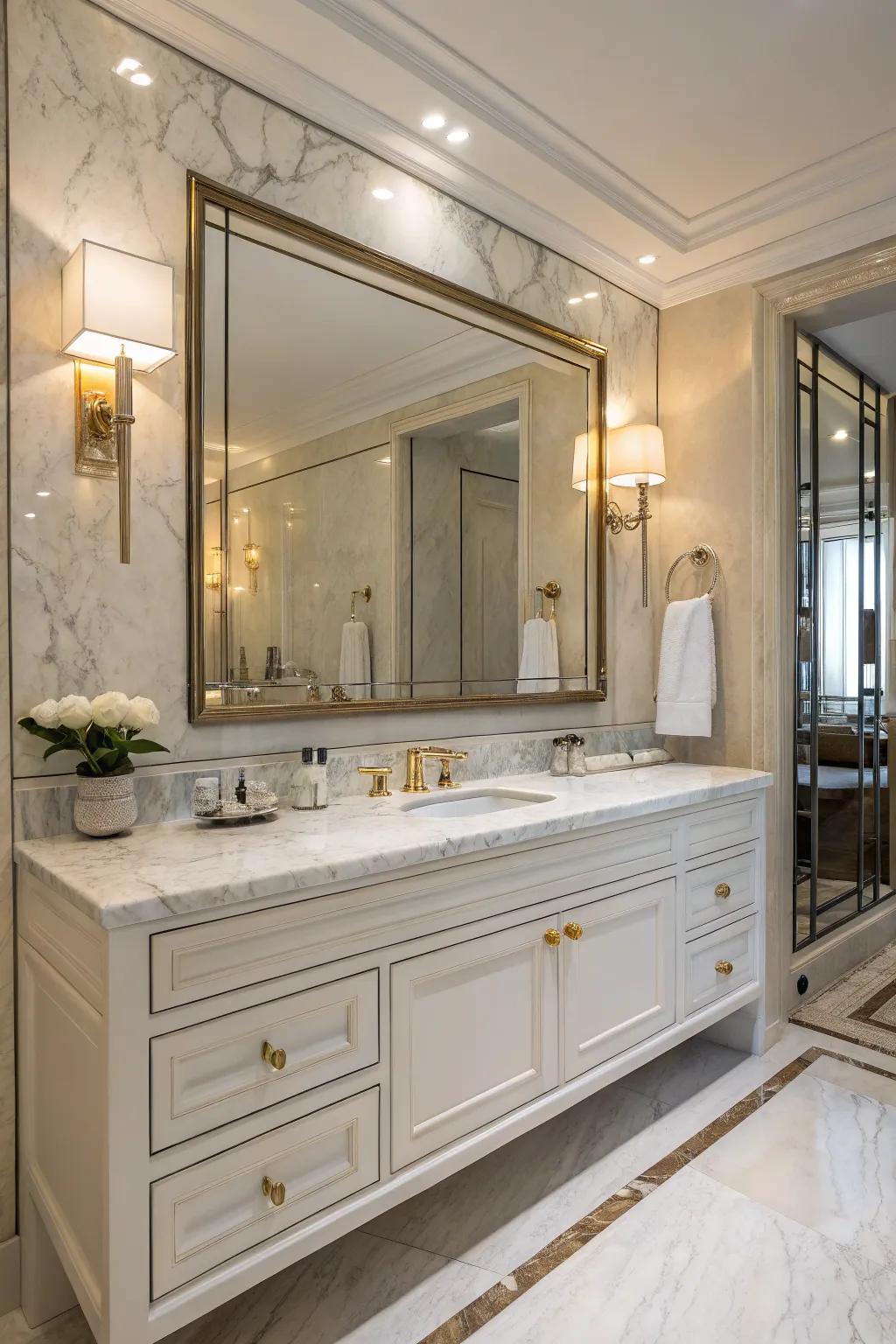 A luxurious bathroom vanity featuring a sleek marble countertop.