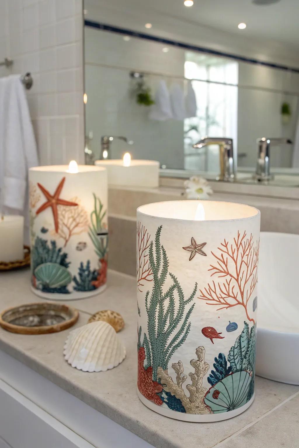 Under-the-sea candle holders provide a calming glow to the space.