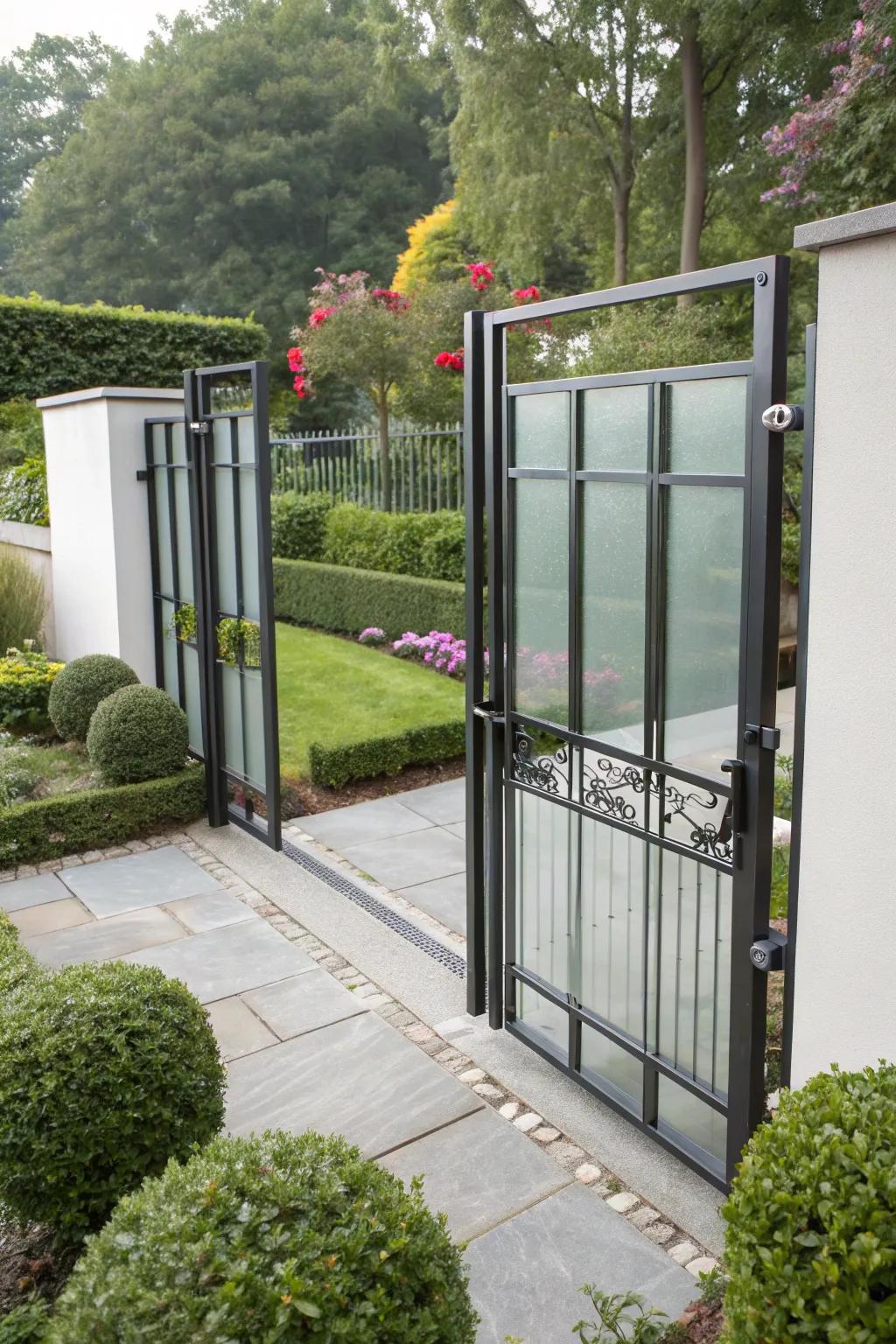 A metal and glass gate that offers a modern and airy appearance.