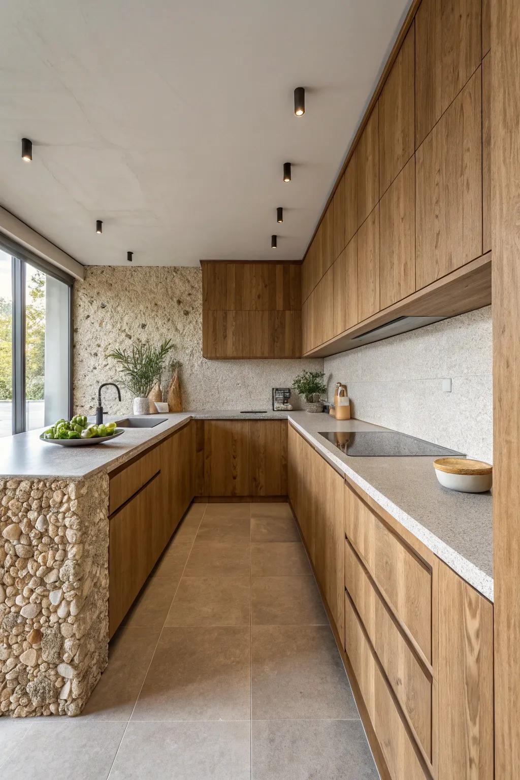 Textured materials adding depth to a minimalist kitchen's design.