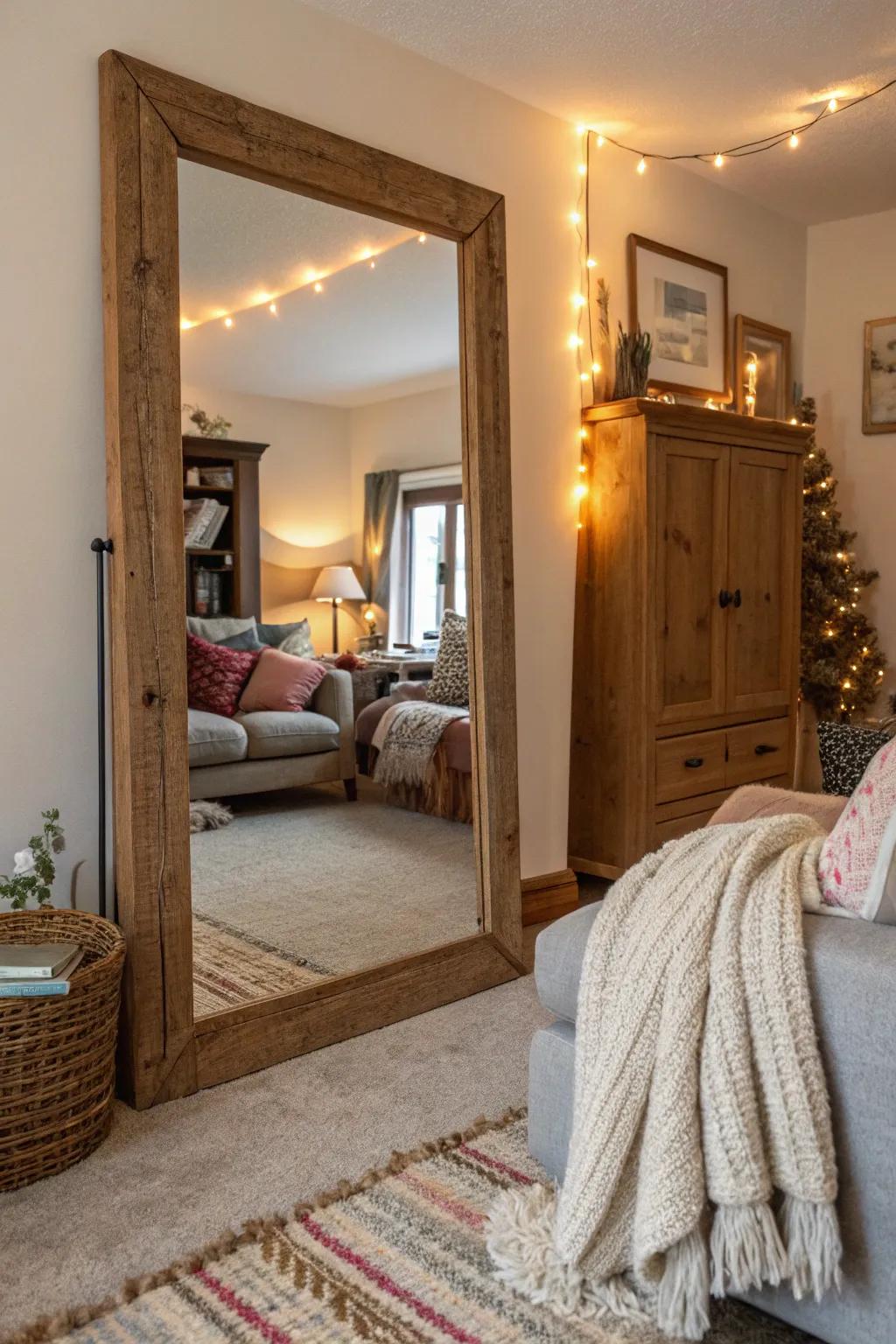 Wood-framed mirrors add warmth and comfort.