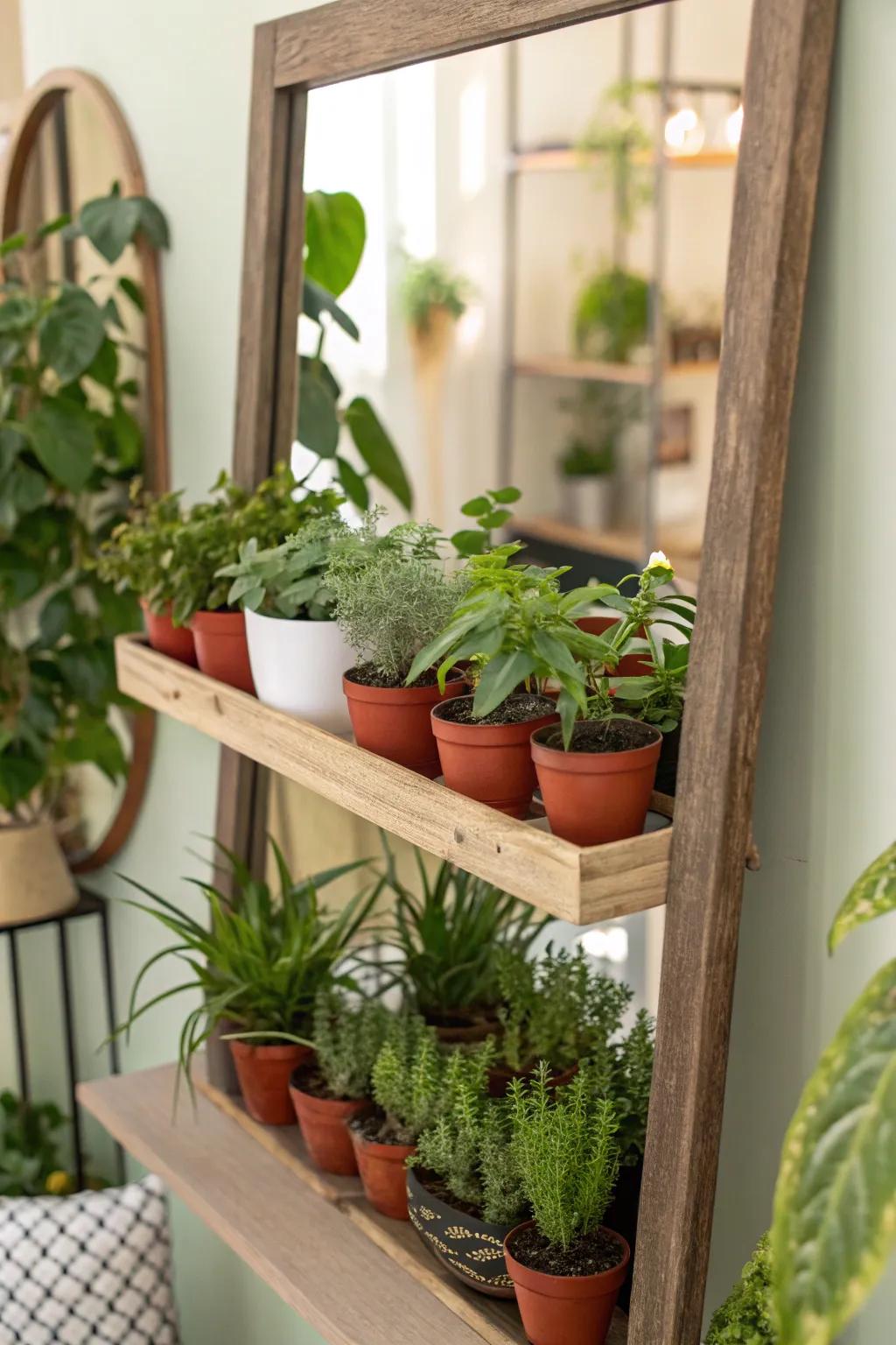 A creative mirror with a plant shelf for a touch of nature indoors.