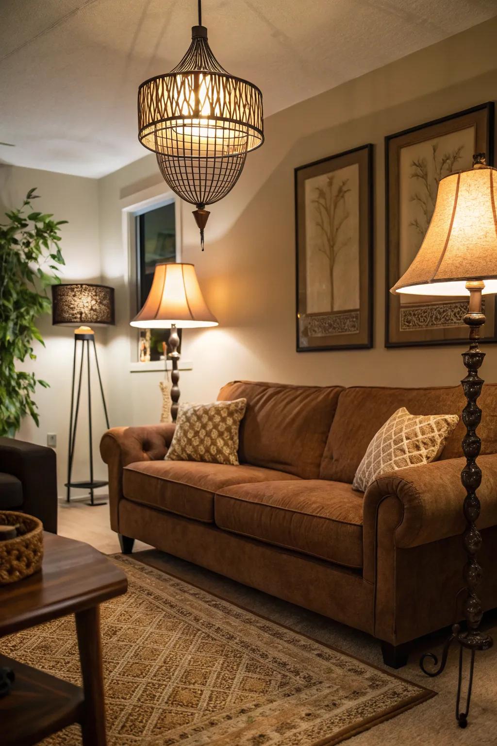 Layered lighting adds flexibility and mood-setting options around the mocha couch.