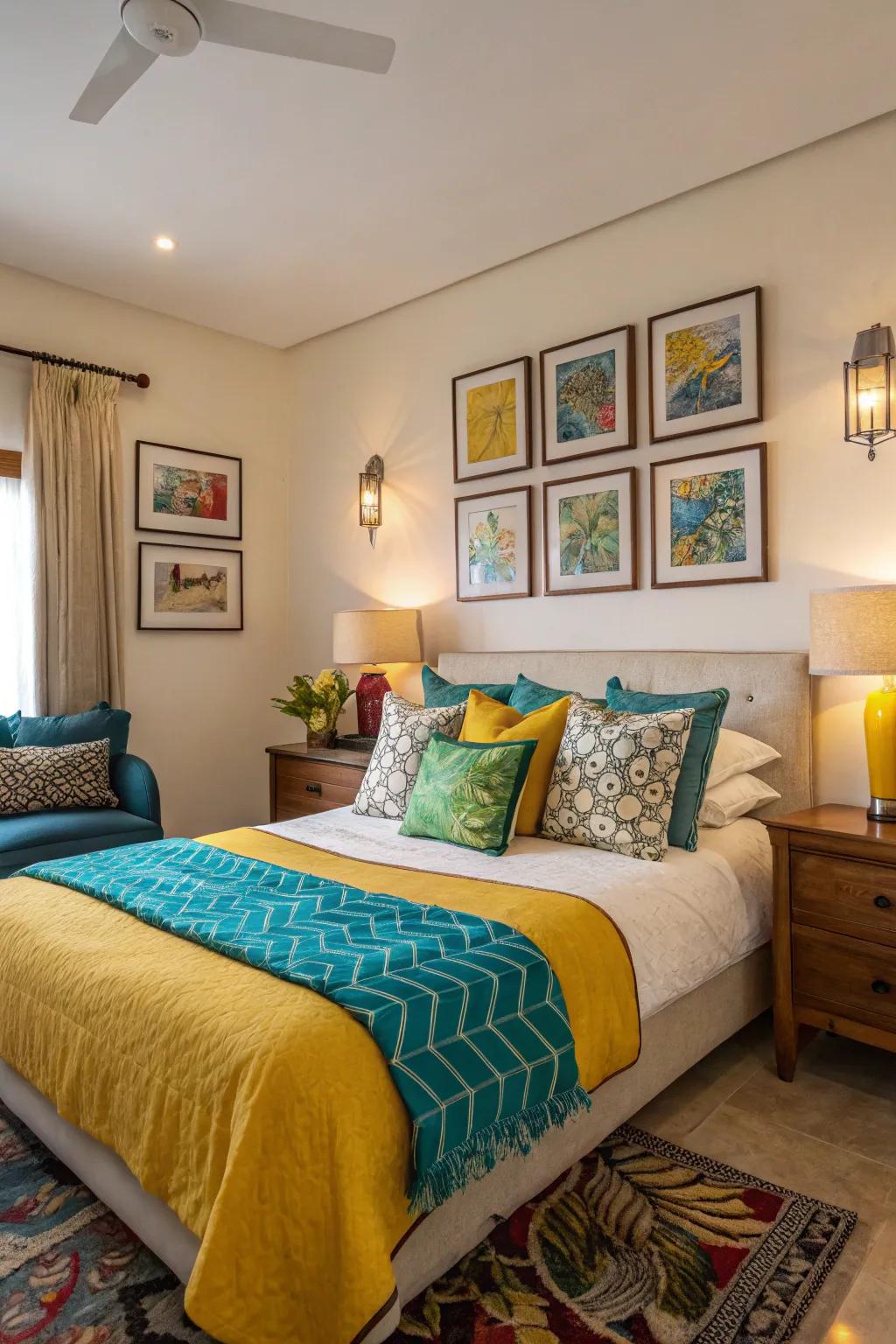 Vibrant colors enliven the room and break the monotony of neutrals.