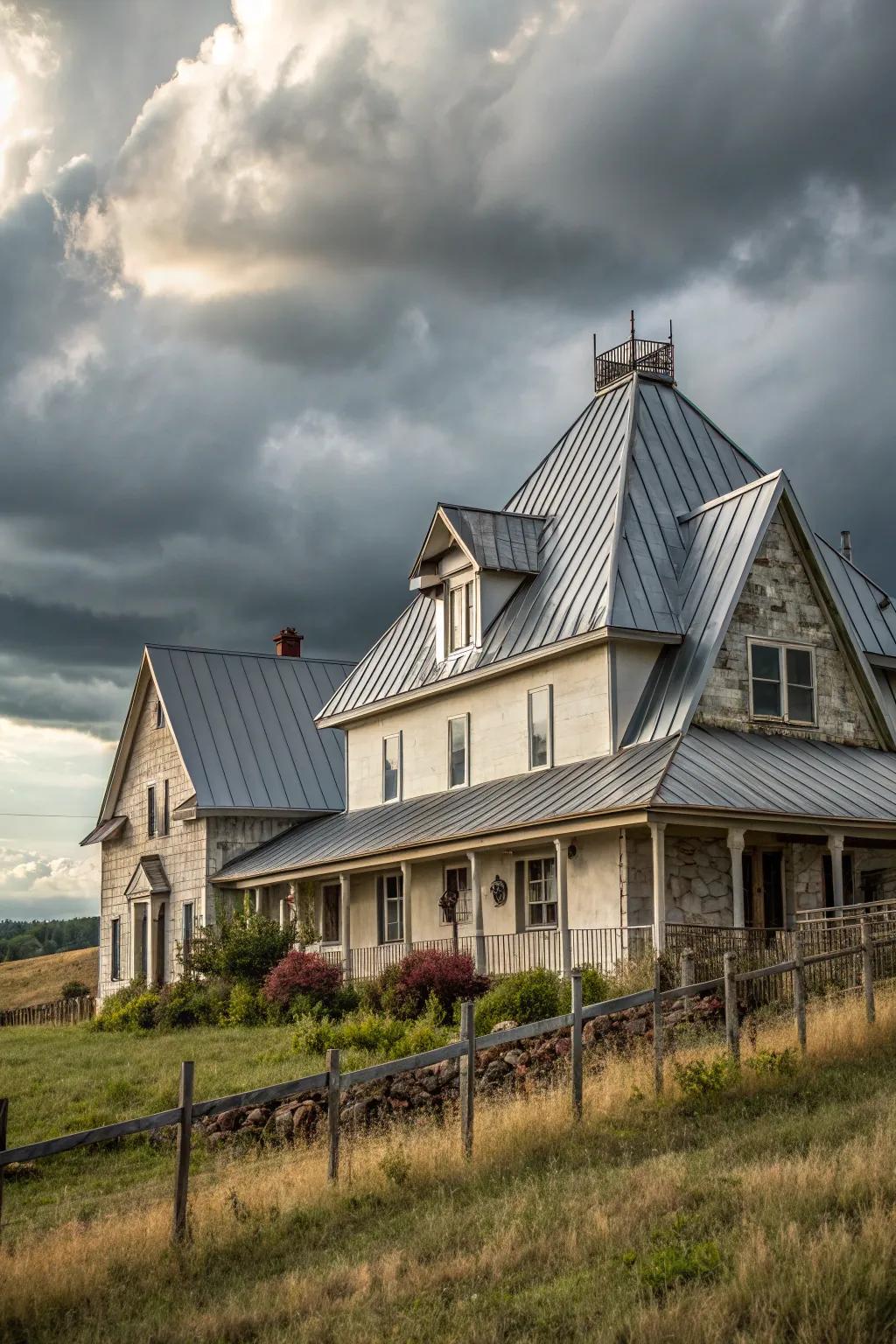 Architectural drama: A farmhouse with sloping metal roofs.