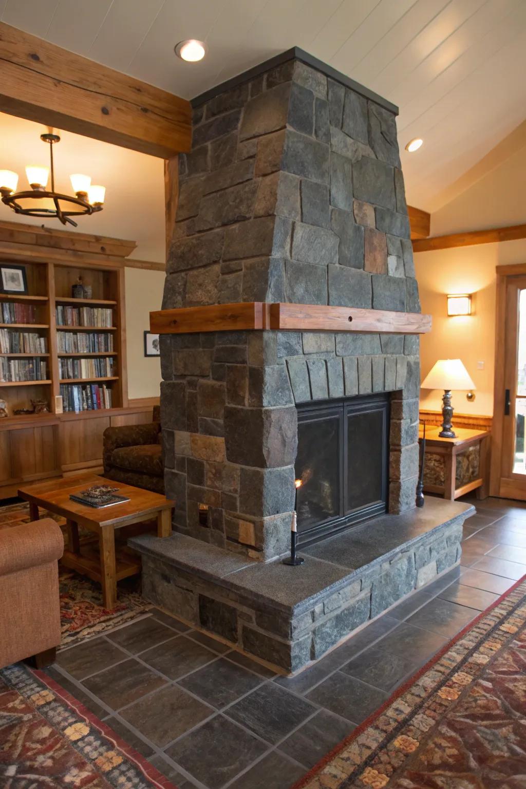 Rustic charm of slate tile fireplace.