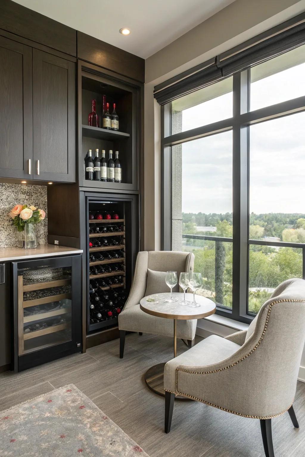 A chic wine tasting nook within a flex room.