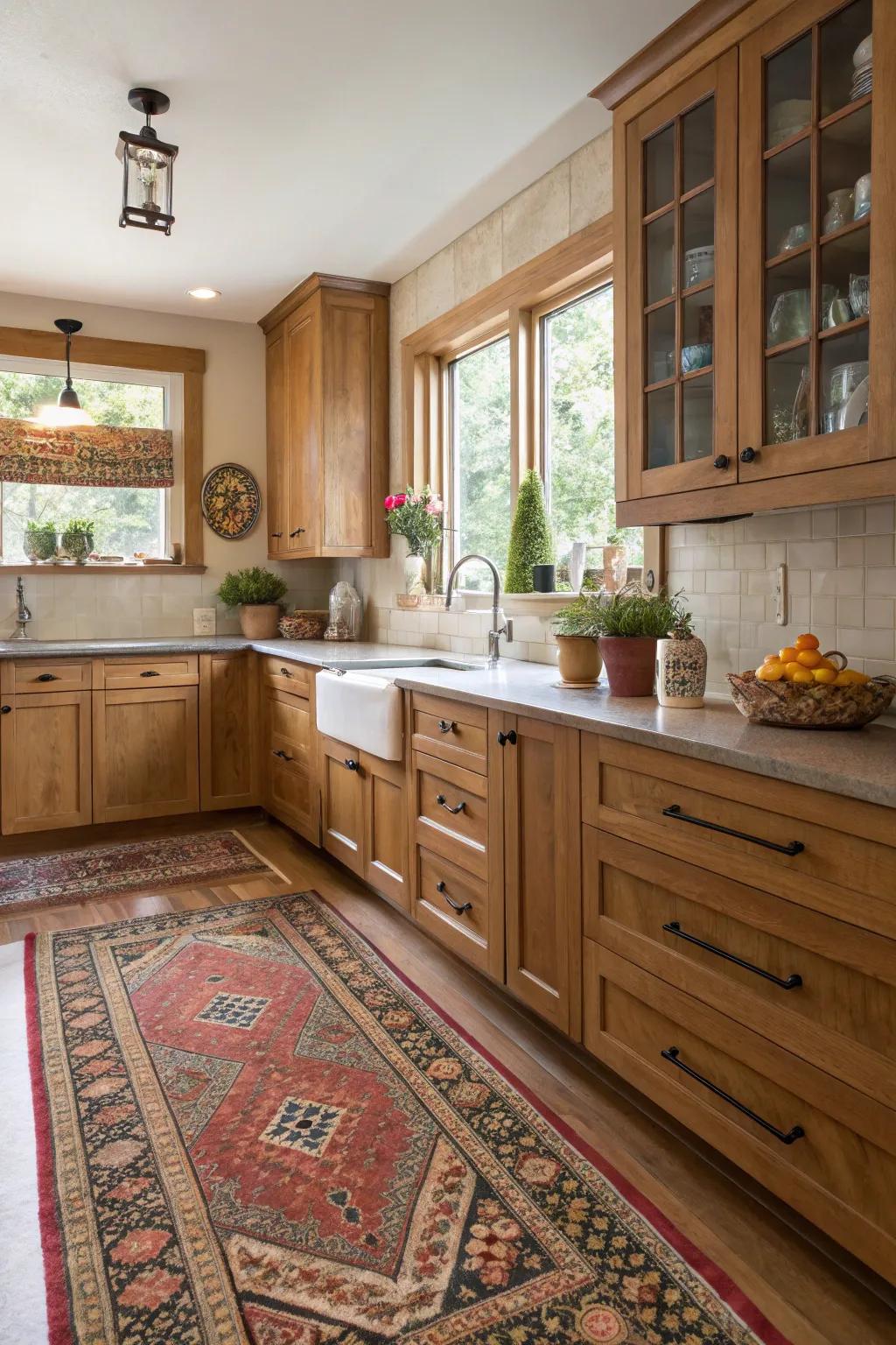 An eclectic rug adds charm and warmth to kitchens with oak cabinets.