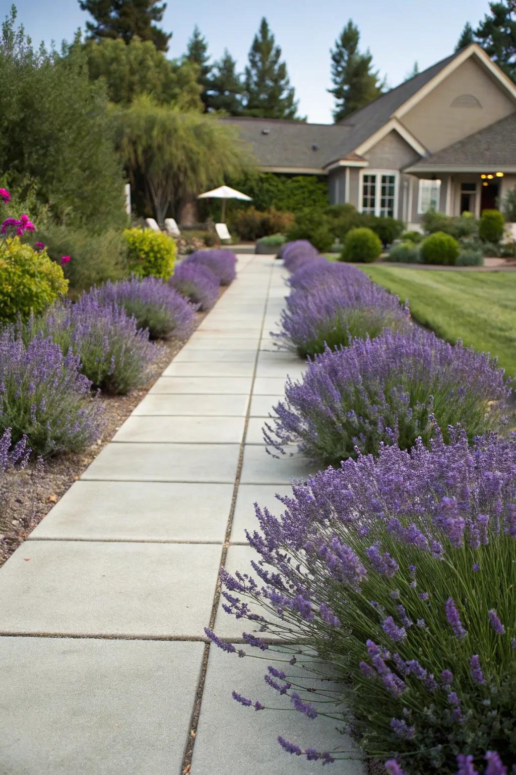 Fragrant lavender lining a walkway in a modern front yard.