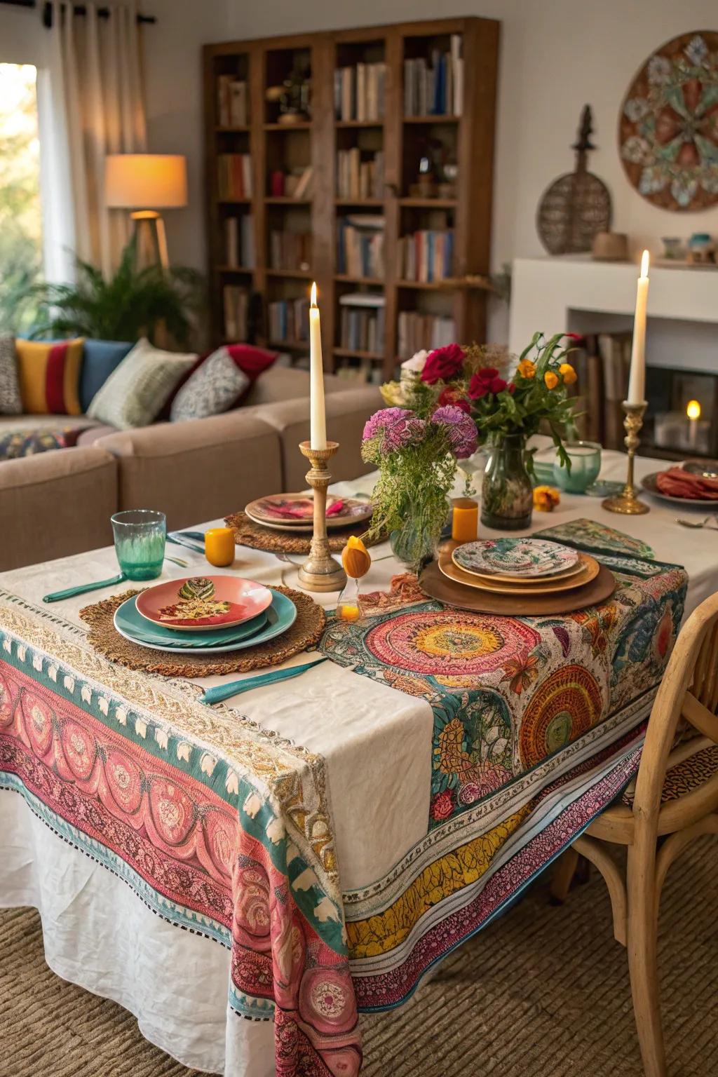 Bohemian style tablecloths offer eclectic charm and a laid-back vibe.