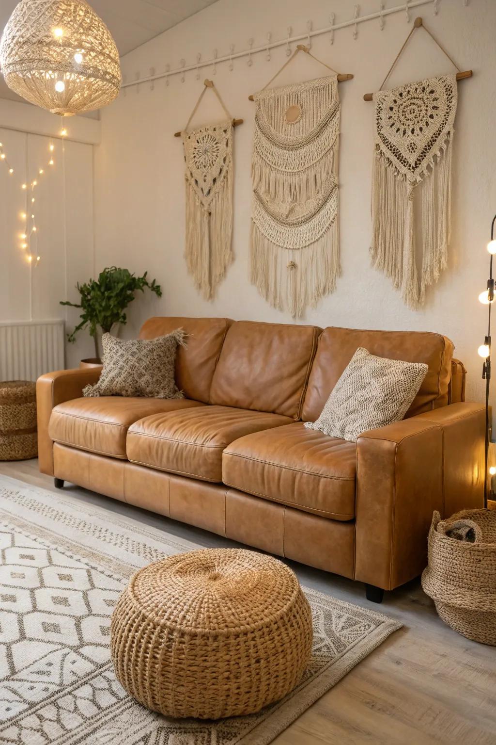 Boho elements add charm and creativity to a living room.