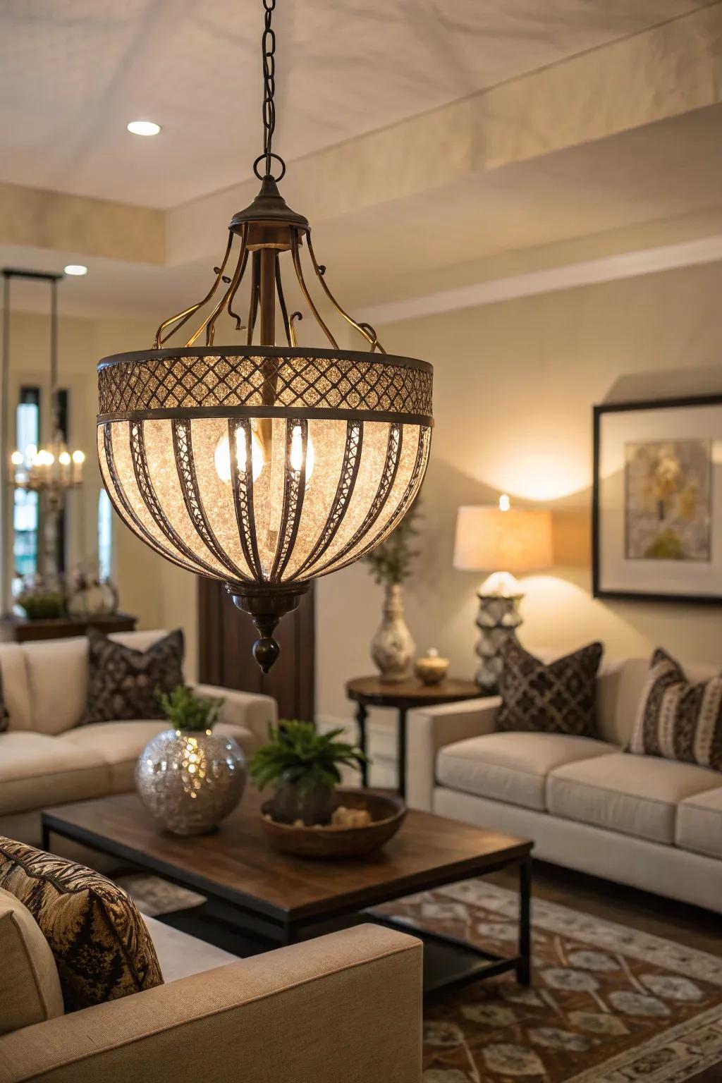 A bold light fixture serves as a stunning focal point.