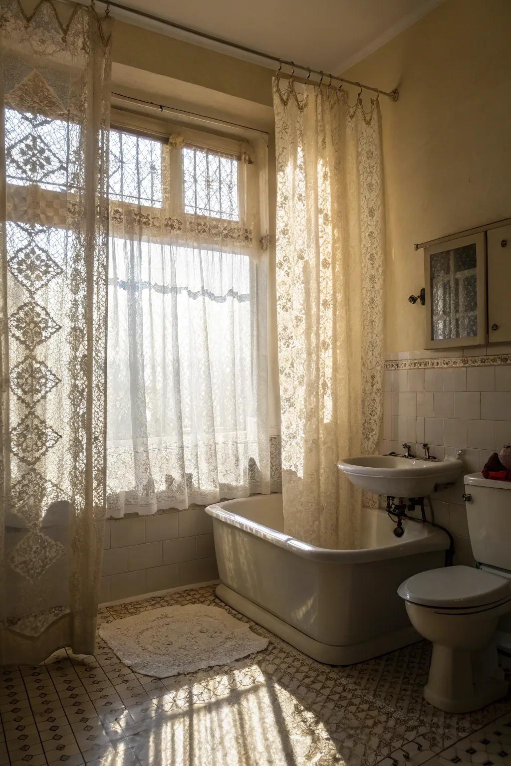 Lace curtains provide a soft, romantic look.