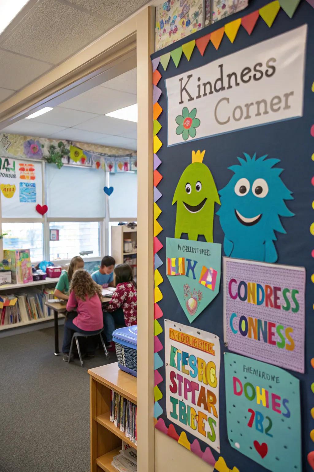 A kindness corner that encourages students to share and celebrate kind acts.