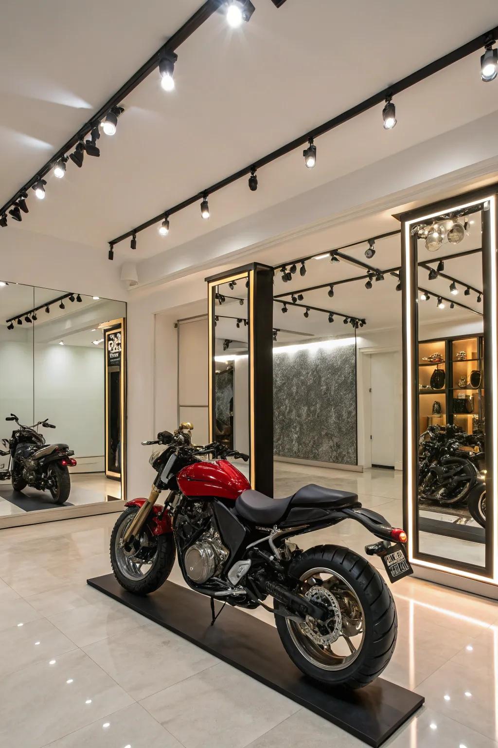 A dedicated motorcycle showroom corner at home.