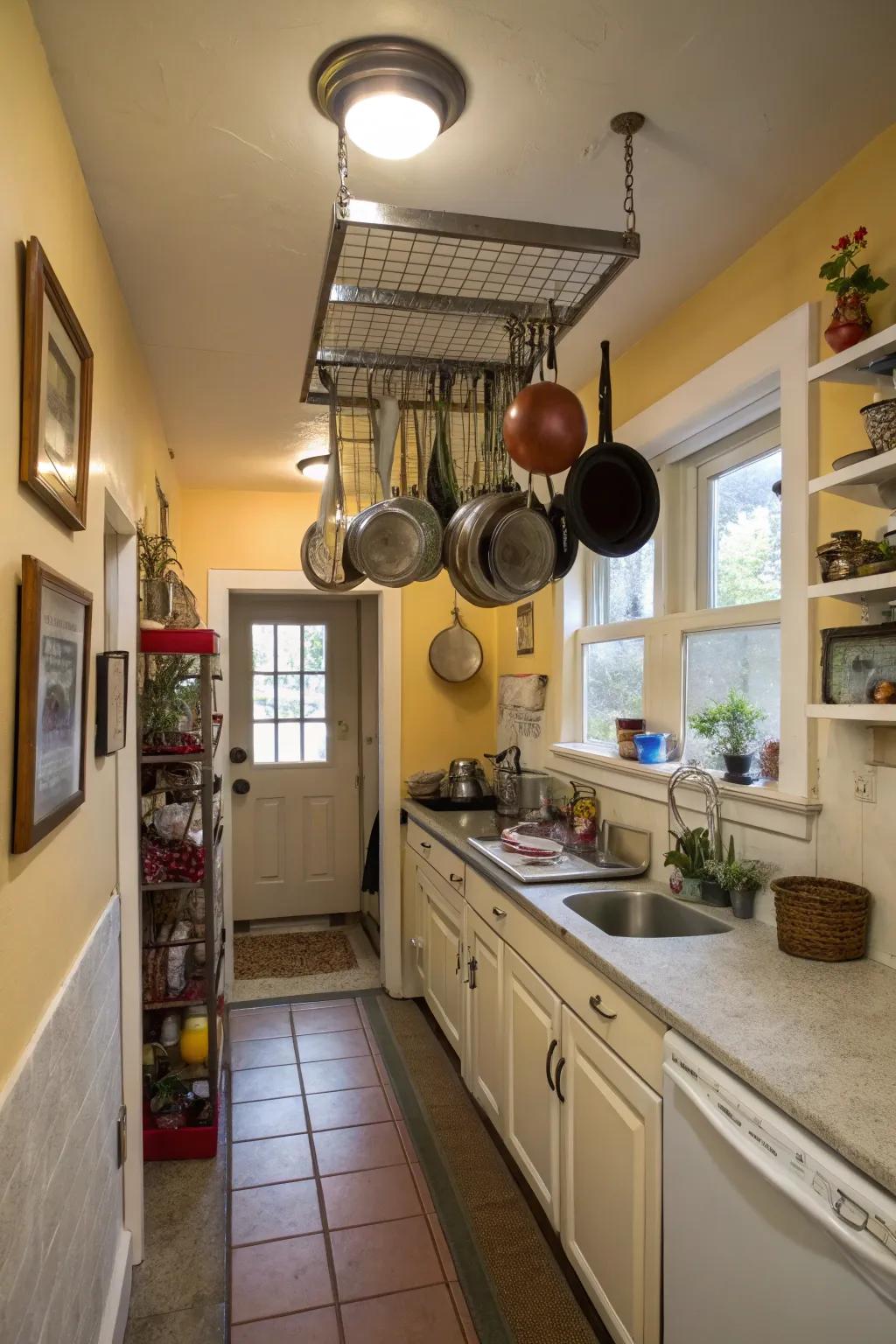 Ceiling storage maximizes every inch of a narrow kitchen.