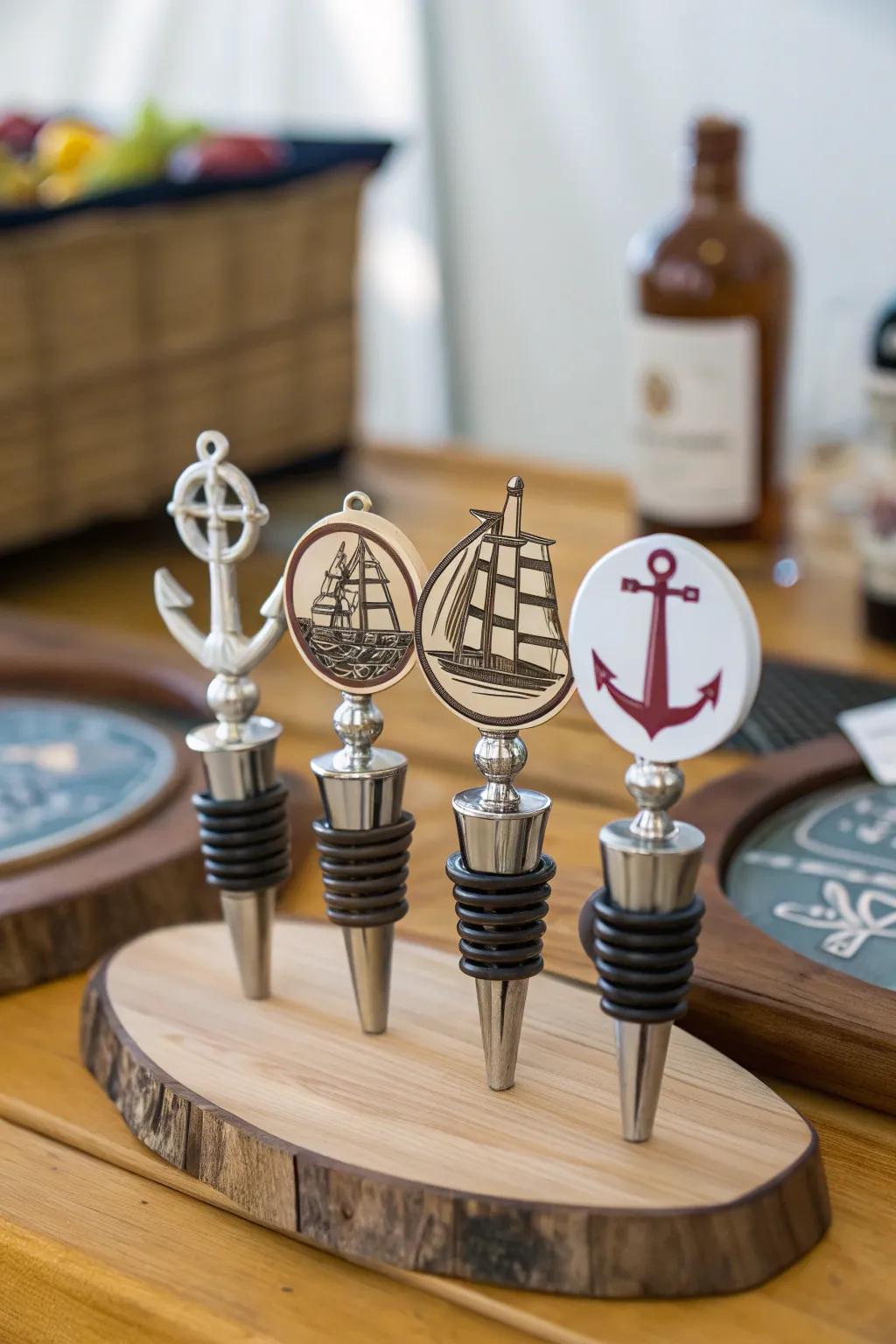 Nautical wine stoppers add a touch of the sea to your bar collection.