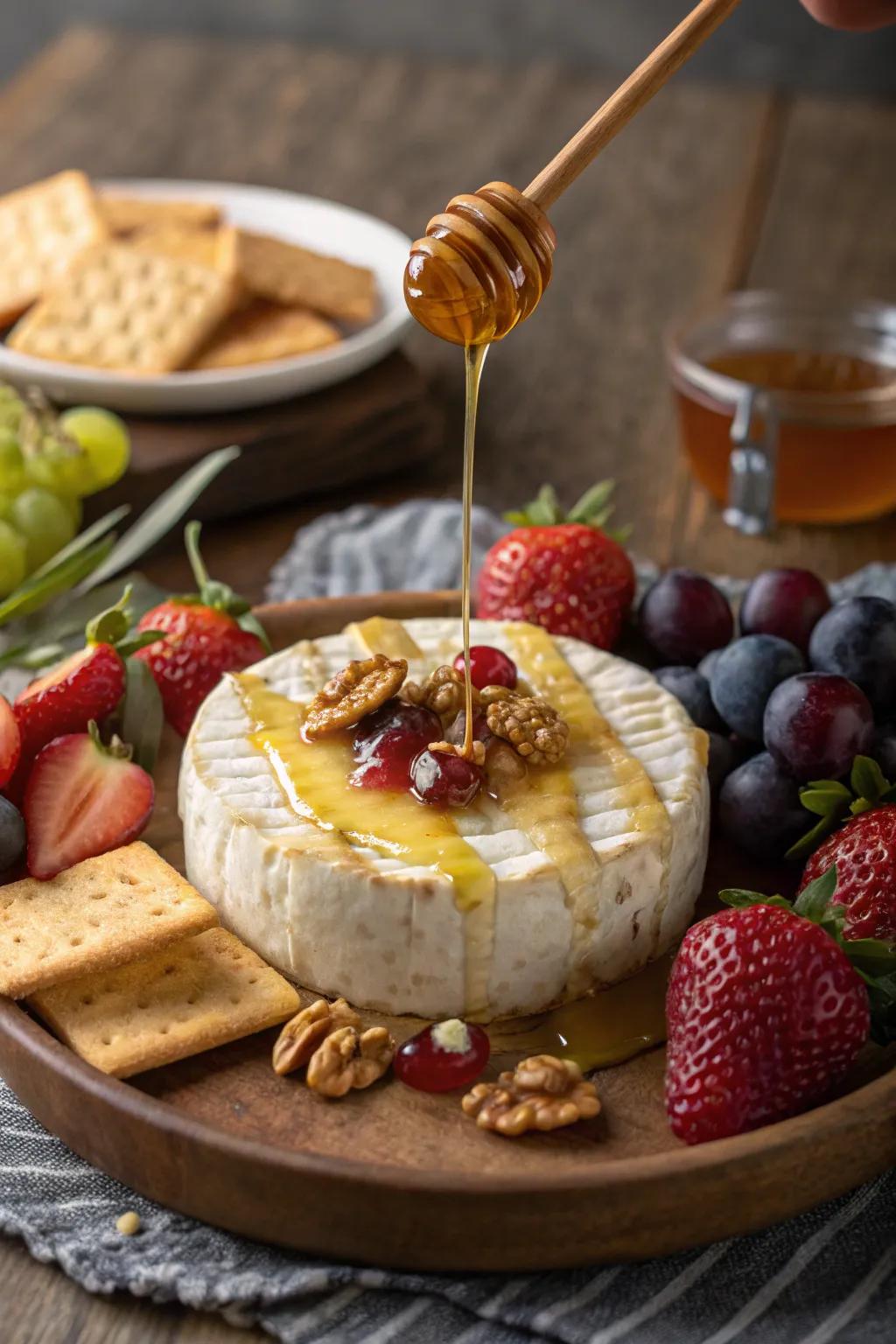 Indulgent baked brie with honey for a creamy appetizer.